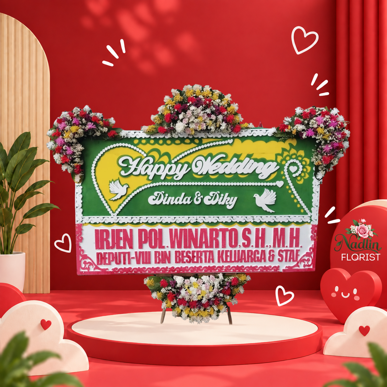 Bunga papan happy wedding Banyusari Karawang