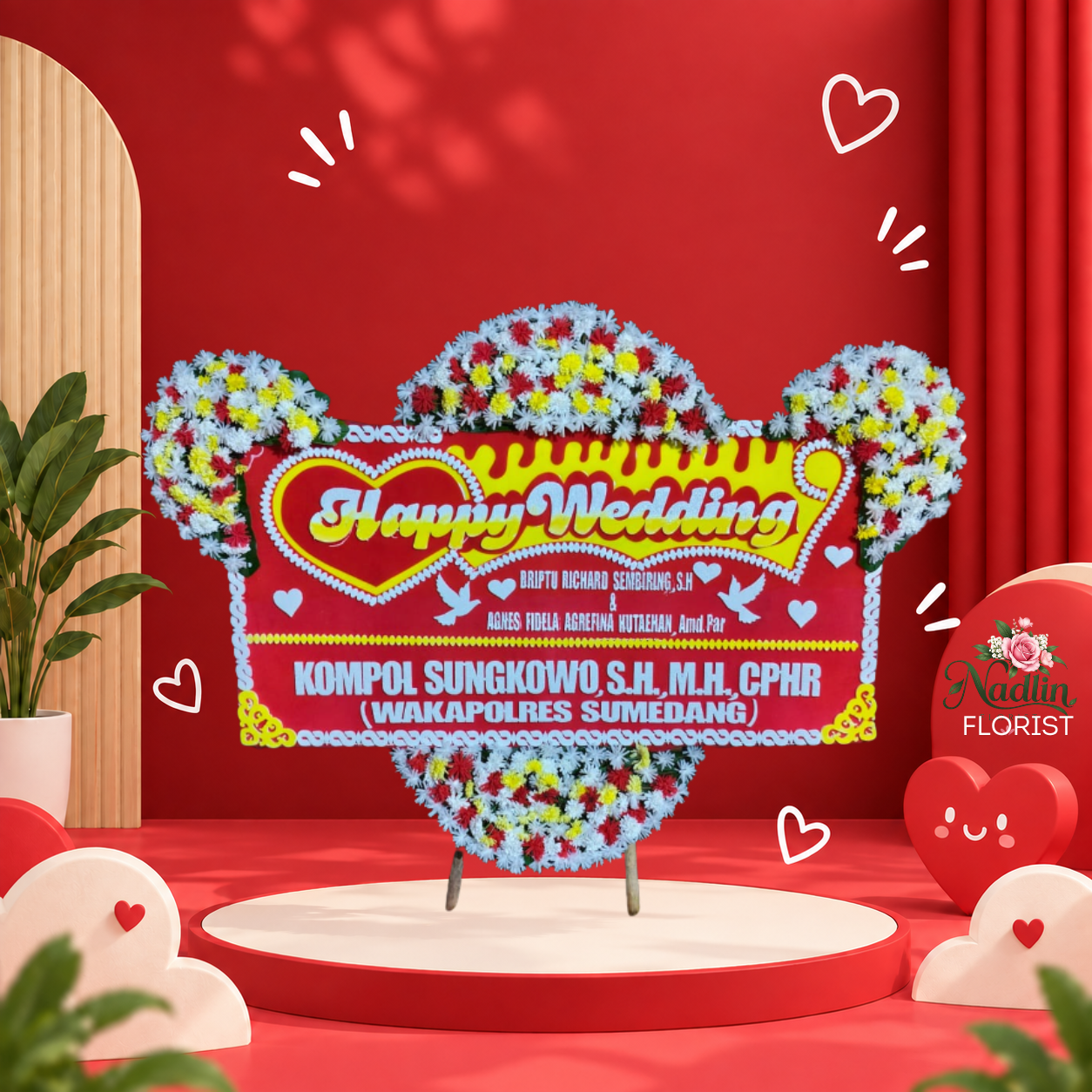 Bunga papan happy wedding Medansatria Bekasi