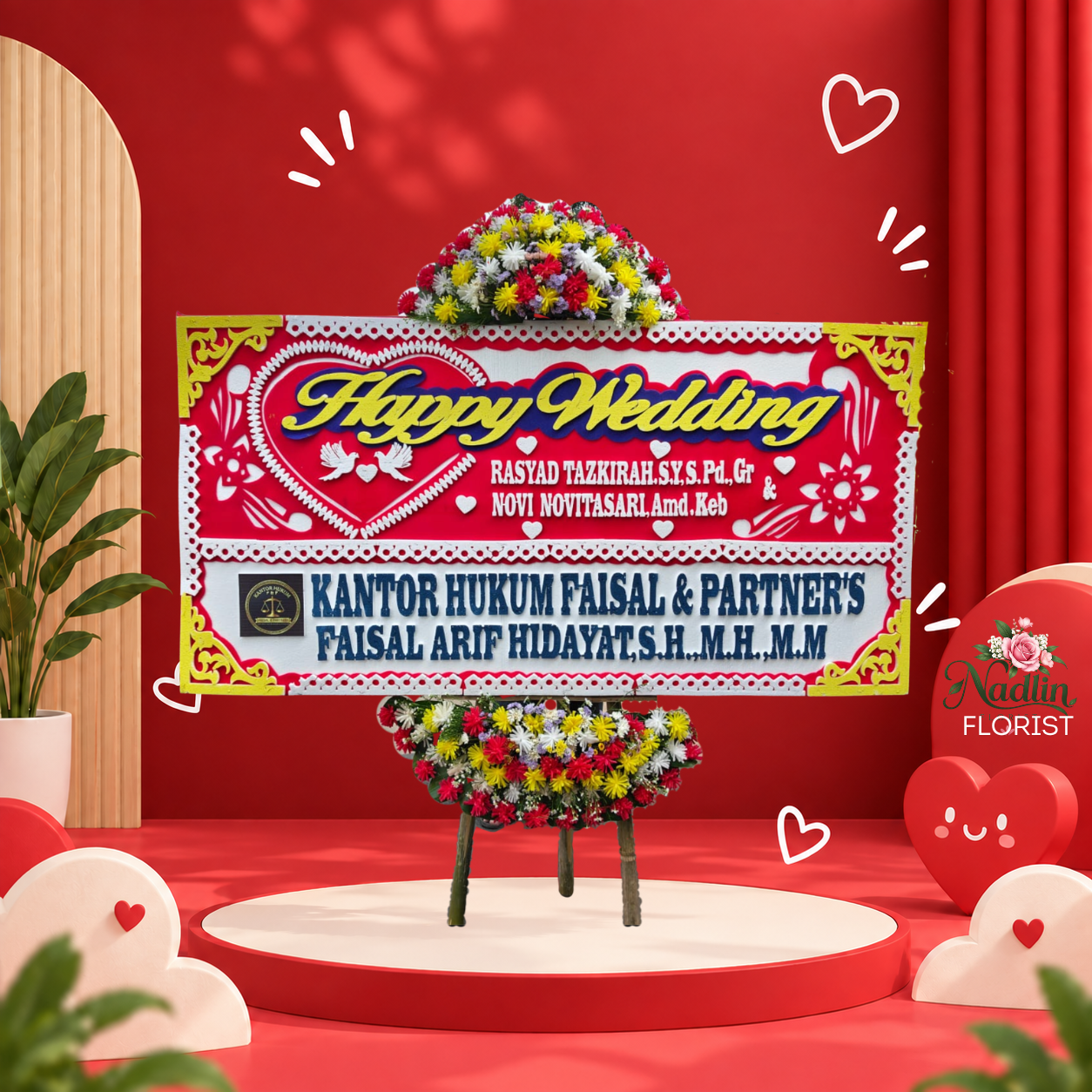 Bunga papan happy wedding Batujaya Karawang dari Nadlin Florist